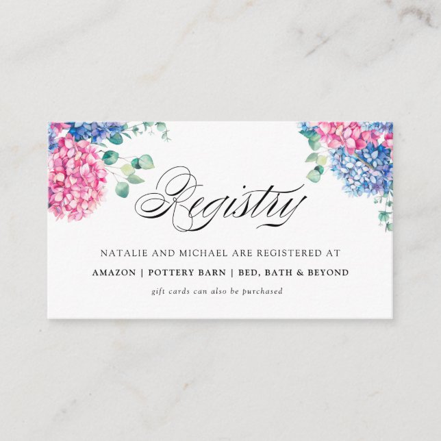 Watercolor Blue & Pink Hydrangea Wedding Registry Enclosure Card (Front)