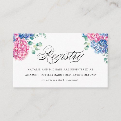 Watercolor Blue  Pink Hydrangea Wedding Registry Enclosure Card