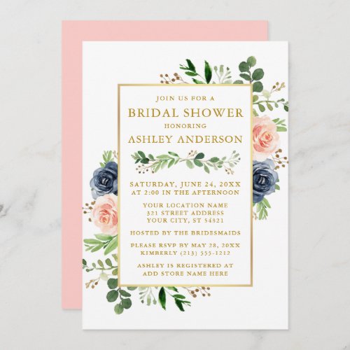 Watercolor Blue Pink Roses Bridal Shower Gold Invitation