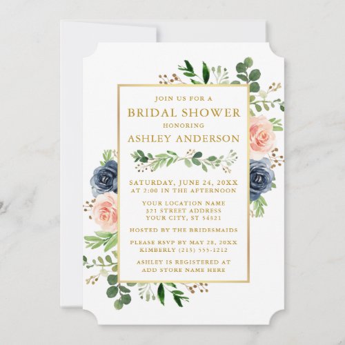 Watercolor Blue Pink Roses Gold Bridal Shower Invitation