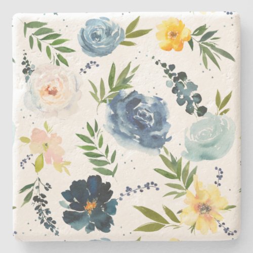 Watercolor Blue Pink Roses Pattern  Stone Coaster