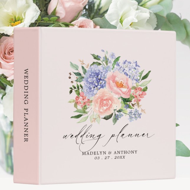Watercolor Blue Pink Spring Floral Wedding Planner 3 Ring Binder (Close up photo)