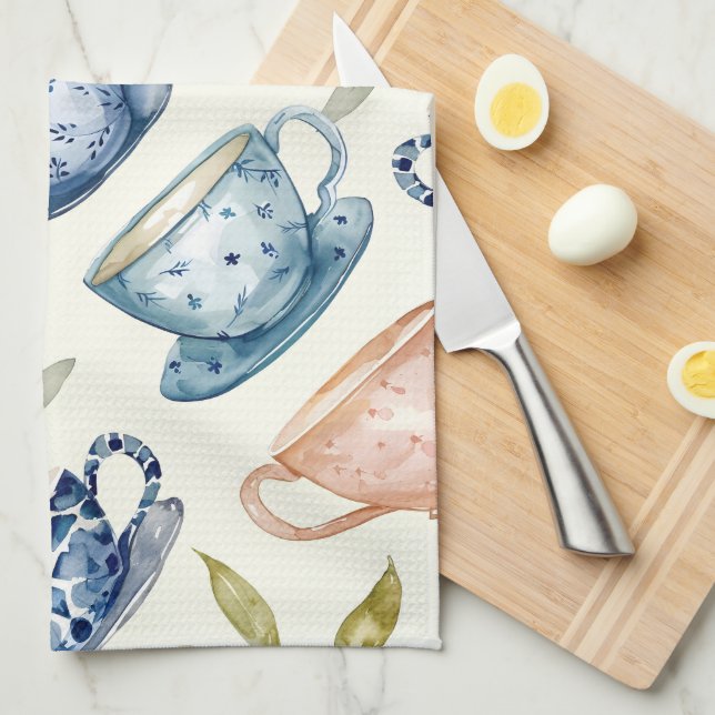 watercolor blue pink tea cups pattern kitchen towel (Quarter Fold)