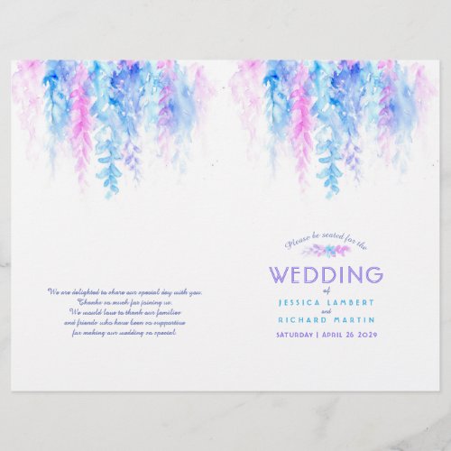 Watercolor blue pink vine floral wedding programme