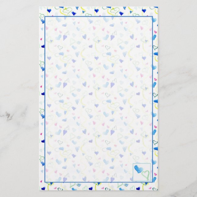 Watercolor Blue Pink Yellow Hearts Stationery (Front)