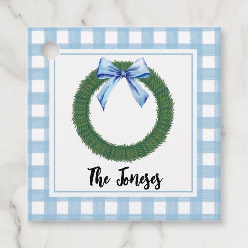 Watercolor Blue Plaid Bow Wreath Gift Tag
