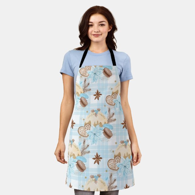 Watercolor Blue Plaid Christmas Cookies & Pudding Apron (Worn)