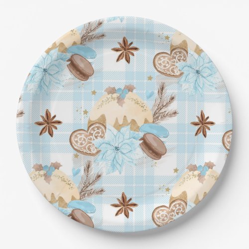 Watercolor Blue Plaid Christmas Cookies  Pudding Paper Plates