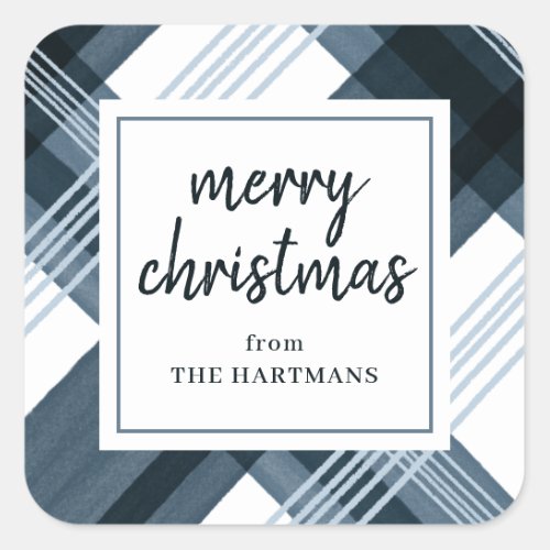 Watercolor Blue Plaid Merry Christmas Name   Square Sticker