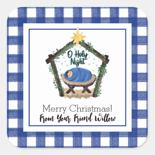 Watercolor Blue Plaid Nativity Child Gift Tag