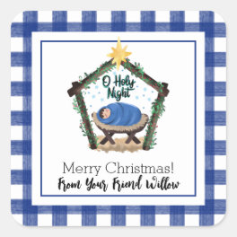 Watercolor Blue Plaid Nativity Child Gift Tag