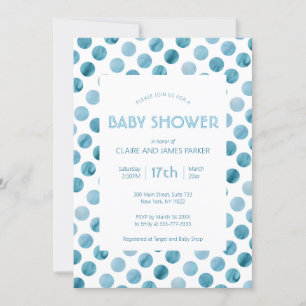 Watercolor Blue Polka Dot Cute Baby Shower Invitation