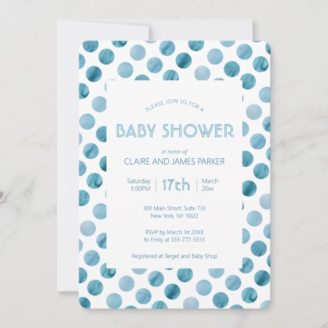 Watercolor Blue Polka Dot Cute Baby Shower Invitation (Front)