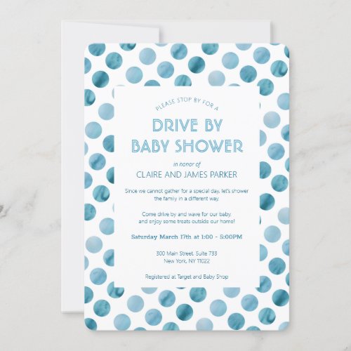 Watercolor Blue Polka Dot Drive By Baby Shower Invitation