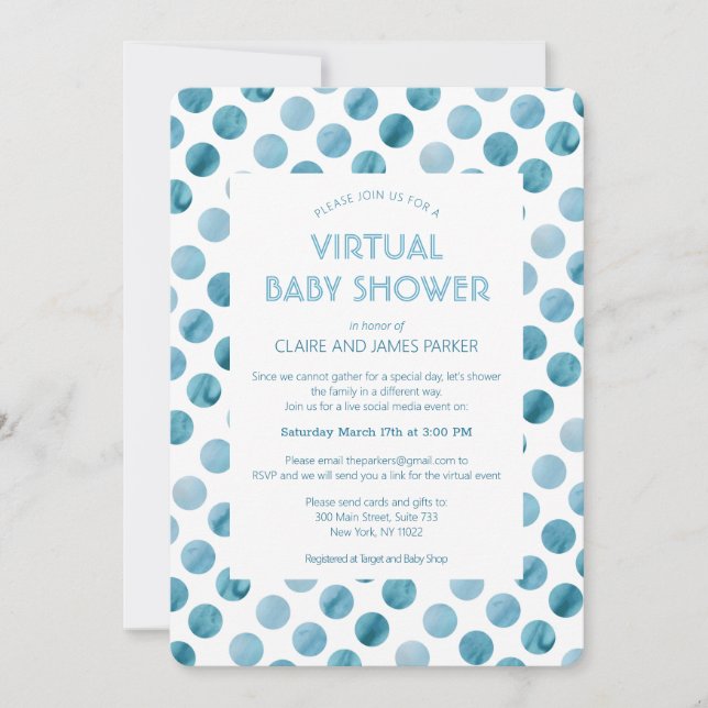 Watercolor Blue Polka Dot Virtual Baby Shower Invitation (Front)