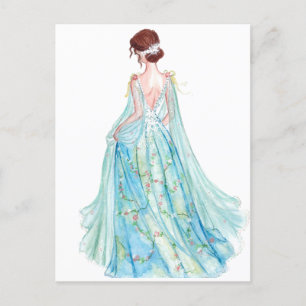 Watercolor blue princess fashion illustration postcard