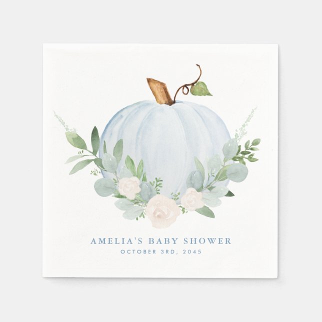 Watercolor Blue Pumpkin Autumn Baby Shower Napkins (Front)