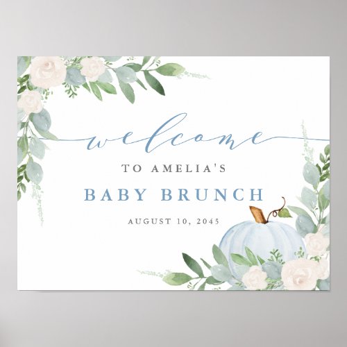 Watercolor Blue Pumpkin Fall Baby Brunch Welcome Poster
