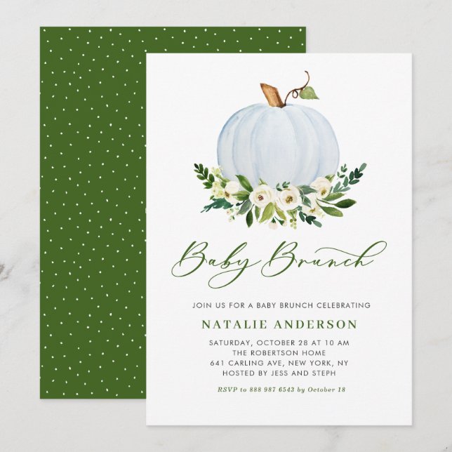 Watercolor Blue Pumpkin Fall Baby Shower Brunch Invitation (Front/Back)