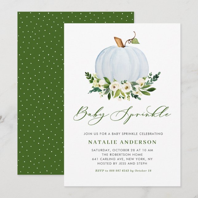 Watercolor Blue Pumpkin Fall Baby Shower Sprinkle Invitation (Front/Back)