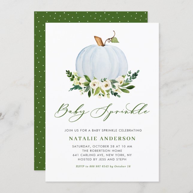 Watercolor Blue Pumpkin Fall Baby Shower Sprinkle Invitation (Front/Back)
