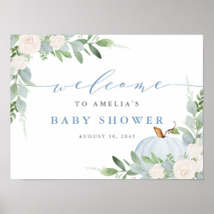 Watercolor Blue Pumpkin Fall Baby Shower Welcome Poster