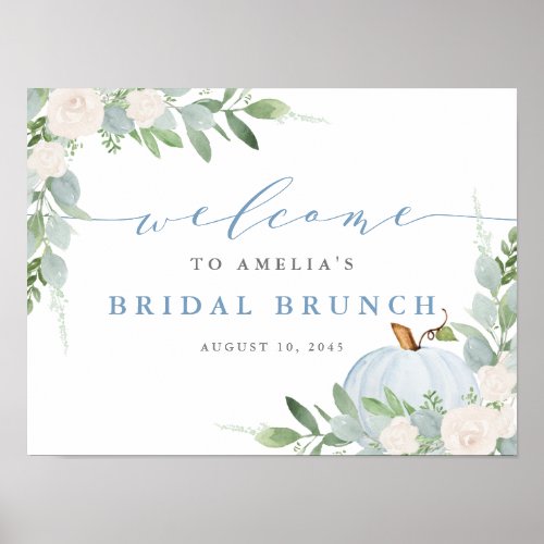 Watercolor Blue Pumpkin Fall Bridal Brunch Welcome Poster