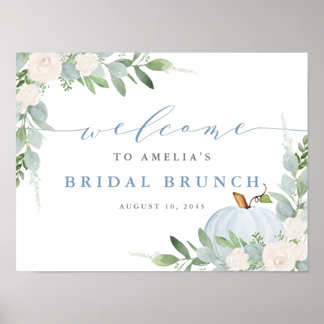 Watercolor Blue Pumpkin Fall Bridal Brunch Welcome Poster (Front)