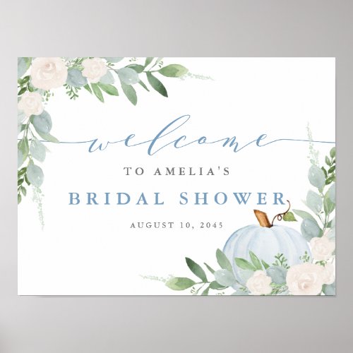 Watercolor Blue Pumpkin Fall Bridal Shower Welcome Poster