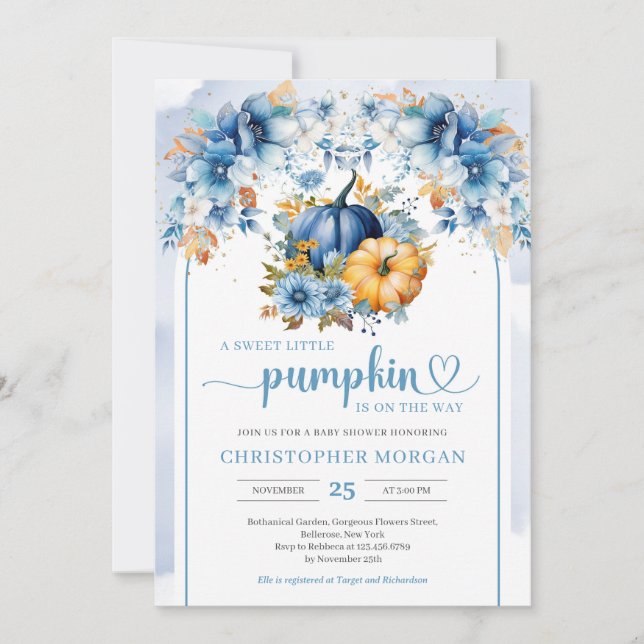 Watercolor blue pumpkin fall leaves boho arch boy invitation (Front)