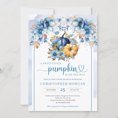 Watercolor blue pumpkin fall leaves boho arch boy invitation