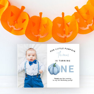 Watercolor Blue Pumpkin first birthday party Thank You Card