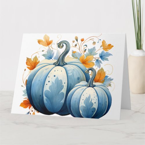 Watercolor Blue Pumpkins  Autumn Leaves Card