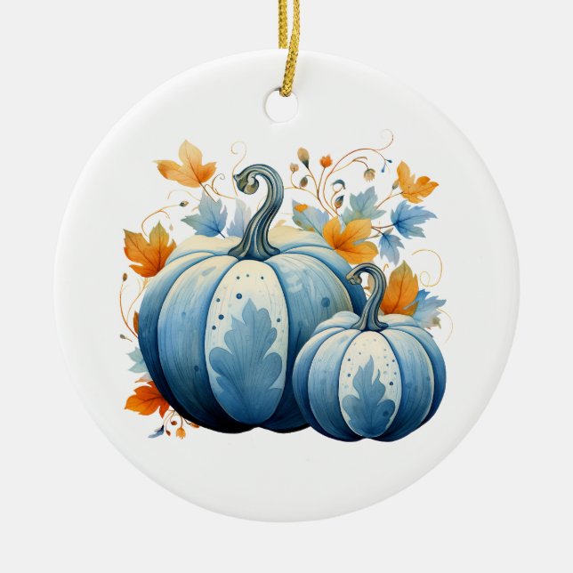 Watercolor Blue Pumpkins & Autumn Leaves Ceramic Ornament (Front)
