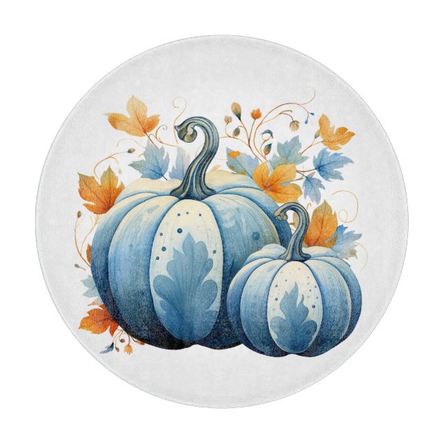 Watercolor Blue Pumpkins & Autumn Leaves Cutting Board (Front)