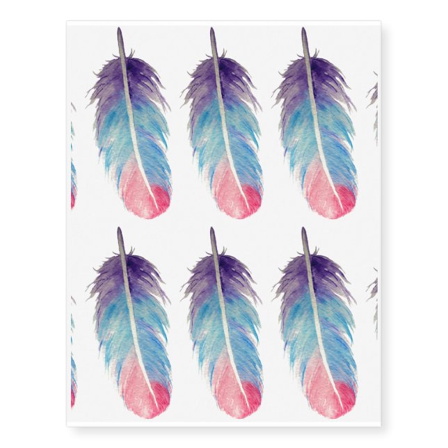 Watercolor blue purple feather temporary tattoo (Front)