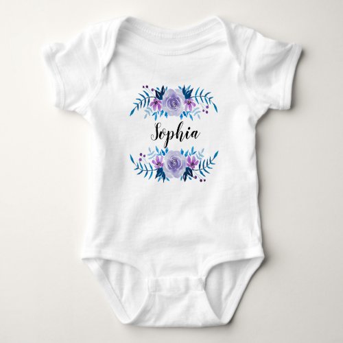 Watercolor Blue Purple Floral Wreath Custom Text Baby Bodysuit