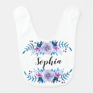 Watercolor Blue Purple Floral Wreath Custom Text Bib
