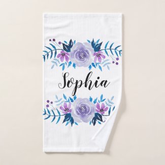 Watercolor Blue Purple Floral Wreath Custom Text Hand Towel
