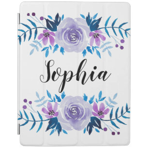 Watercolor Blue Purple Floral Wreath Custom Text iPad Smart Cover