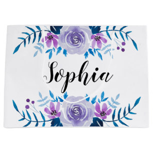 Watercolor Blue Purple Floral Wreath Custom Text Large Gift Bag