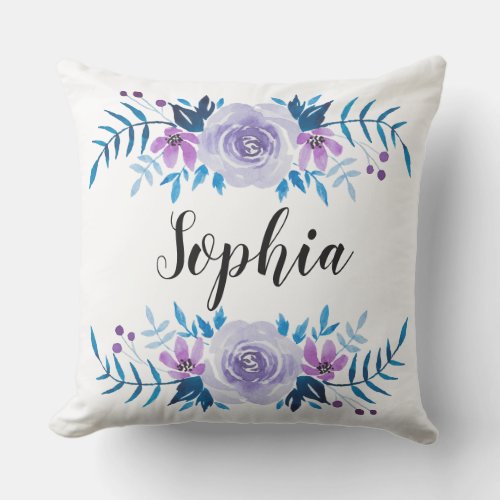 Watercolor Blue Purple Floral Wreath Custom Text Outdoor Pillow