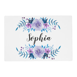Watercolor Blue Purple Floral Wreath Custom Text Placemat