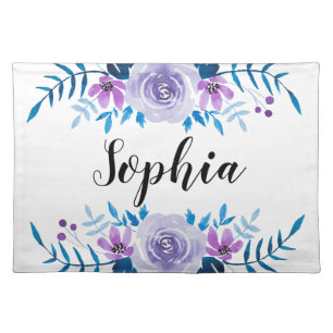Watercolor Blue Purple Floral Wreath Custom Text Placemat
