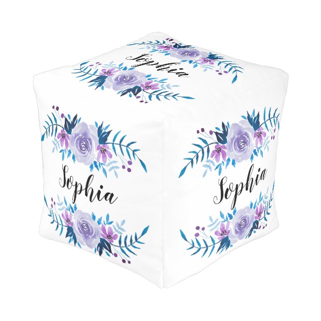 Watercolor Blue Purple Floral Wreath Custom Text Pouf (Angled Front)