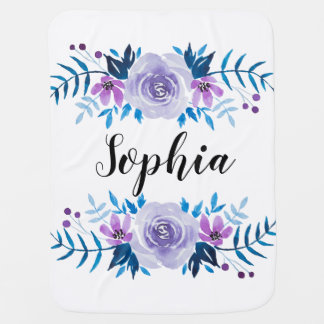 Watercolor Blue Purple Floral Wreath Custom Text Receiving Blanket