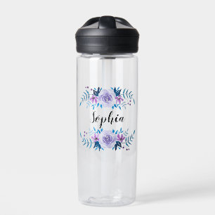 Watercolor Blue Purple Floral Wreath Custom Text Water Bottle