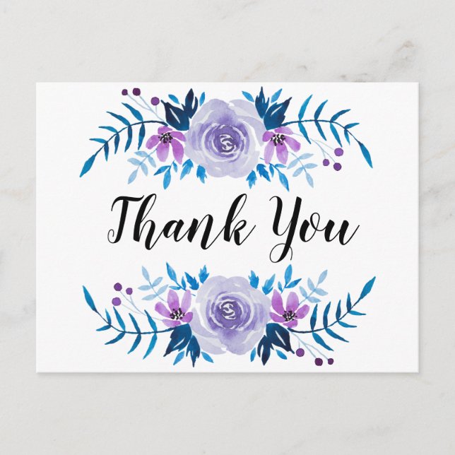 Watercolor Blue Purple Floral Wreath Thank You Postcard (Front)