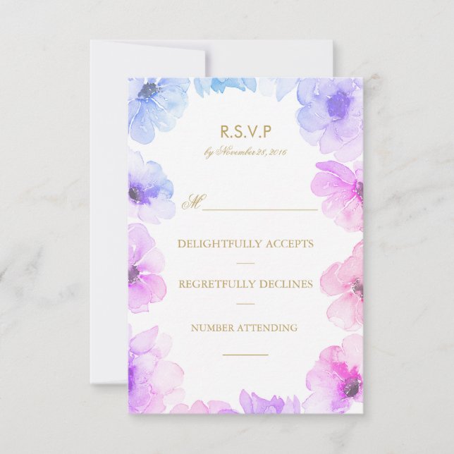 Watercolor Blue Purple Floral Wreath Wedding Rsvp Card (Front)