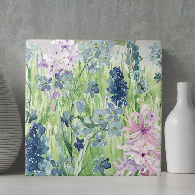 Watercolor Blue Purple Flower Meadow on Mountain Ceramic Tile (In situ on table)